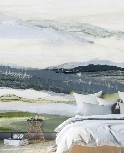 peinture murale de paysage abstraite personnalisée bleue et verte appelée After the Rain I par Lara Eckerman