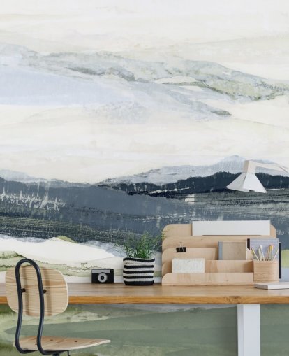 murale con paesaggio astratto personalizzato blu e verde chiamato After the Rain I di Lara Eckerman