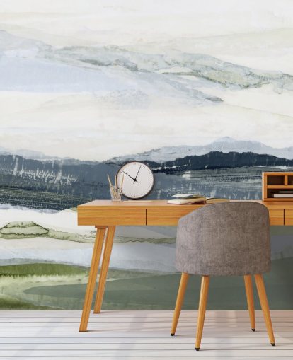 blaues und grünes individuelles abstraktes Landschaftswandbild namens After the Rain I von Lara Eckerman