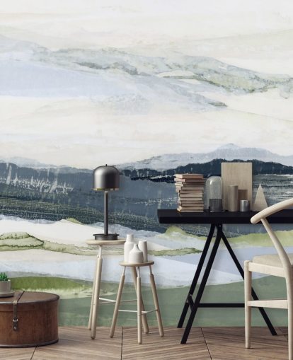 murale con paesaggio astratto personalizzato blu e verde chiamato After the Rain I di Lara Eckerman