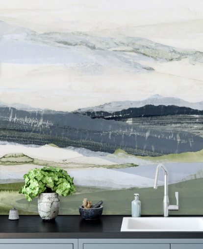 blaues und grünes individuelles abstraktes Landschaftswandbild namens After the Rain I von Lara Eckerman blaues und grünes individuelles abstraktes Landschaftswandbild namens After the Rain I von Lara Eckerman