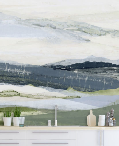 blaues und grünes individuelles abstraktes Landschaftswandbild namens After the Rain I von Lara Eckerman blaues und grünes individuelles abstraktes Landschaftswandbild namens After the Rain I von Lara Eckerman