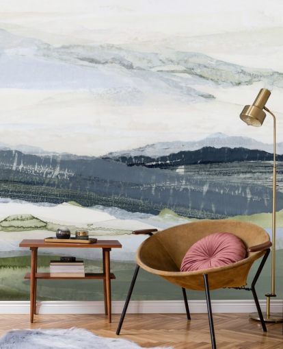 peinture murale de paysage abstraite personnalisée bleue et verte appelée After the Rain I par Lara Eckerman peinture murale de paysage abstraite personnalisée bleue et verte appelée After the Rain I par Lara Eckerman