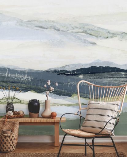 peinture murale de paysage abstraite personnalisée bleue et verte appelée After the Rain I par Lara Eckerman