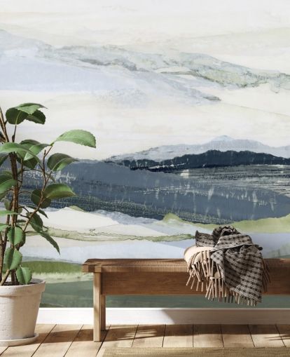 peinture murale de paysage abstraite personnalisée bleue et verte appelée After the Rain I par Lara Eckerman