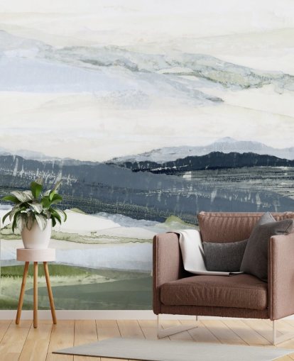 peinture murale de paysage abstraite personnalisée bleue et verte appelée After the Rain I par Lara Eckerman