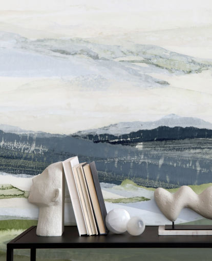 blaues und grünes individuelles abstraktes Landschaftswandbild namens After the Rain I von Lara Eckerman blaues und grünes individuelles abstraktes Landschaftswandbild namens After the Rain I von Lara Eckerman