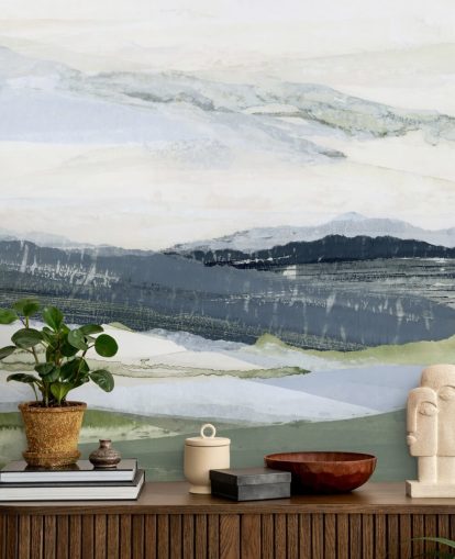 mural de paisaje abstracto personalizado azul y verde llamado After the Rain I de Lara Eckerman mural de paisaje abstracto personalizado azul y verde llamado After the Rain I de Lara Eckerman