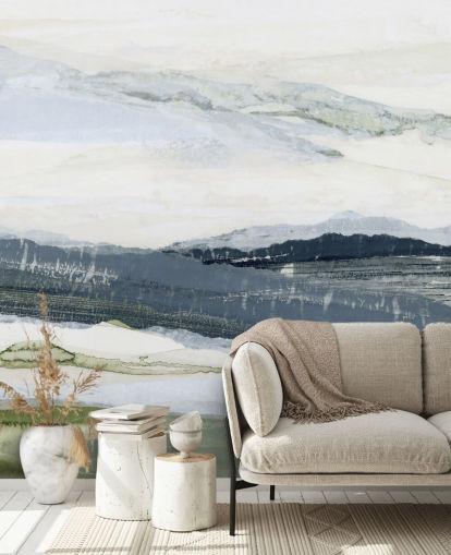 blauwe en groene aangepaste abstracte landschapsmuurschildering genaamd After the Rain I door Lara Eckerman
