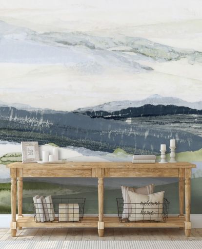 murale con paesaggio astratto personalizzato blu e verde chiamato After the Rain I di Lara Eckerman