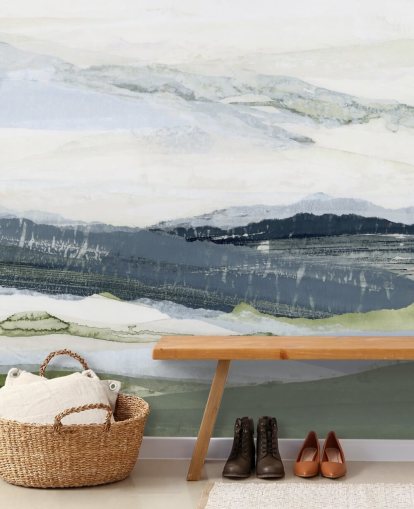 blauwe en groene aangepaste abstracte landschapsmuurschildering genaamd After the Rain I door Lara Eckerman