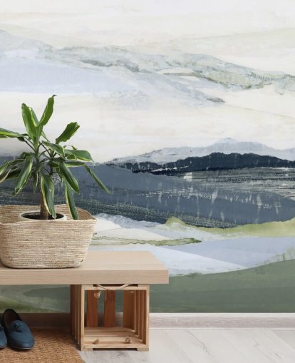 mural de paisaje abstracto personalizado azul y verde llamado After the Rain I de Lara Eckerman