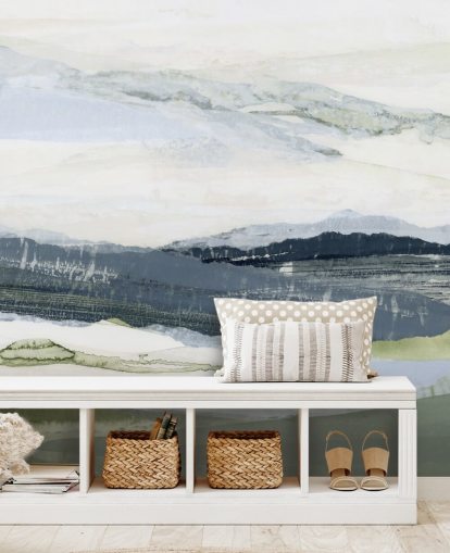 peinture murale de paysage abstraite personnalisée bleue et verte appelée After the Rain I par Lara Eckerman