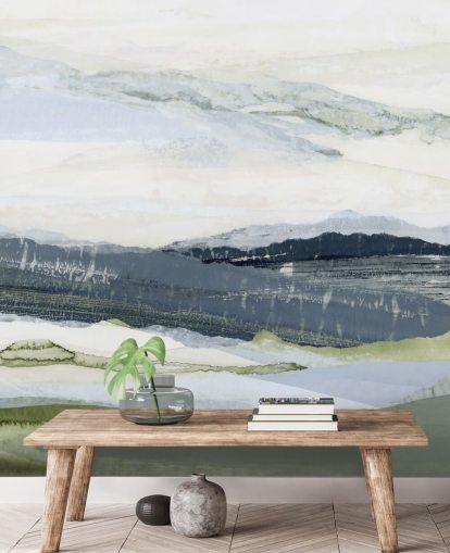 blaues und grünes individuelles abstraktes Landschaftswandbild namens After the Rain I von Lara Eckerman