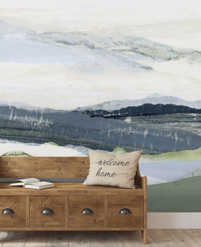 peinture murale de paysage abstraite personnalisée bleue et verte appelée After the Rain I par Lara Eckerman