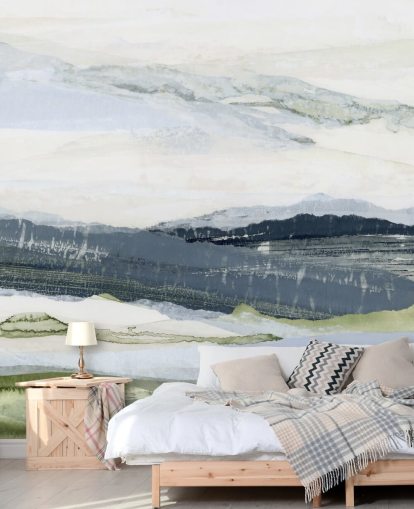 murale con paesaggio astratto personalizzato blu e verde chiamato After the Rain I di Lara Eckerman