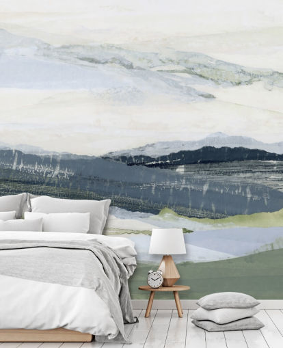 blauwe en groene aangepaste abstracte landschapsmuurschildering genaamd After the Rain I door Lara Eckerman