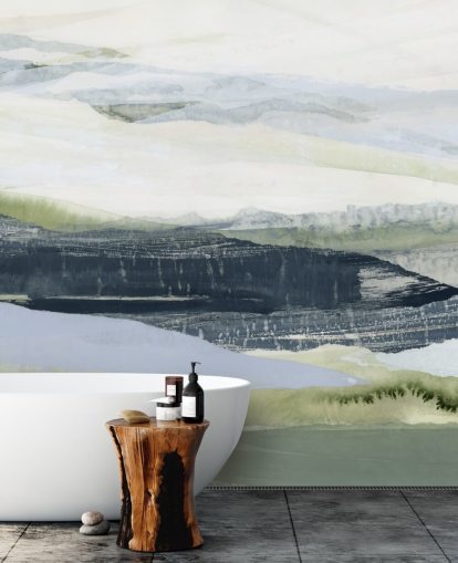 blau und grün, maßgeschneidertes abstraktes Wandbild namens After the Rain II von Lara Eckerman für Badezimmer und Schlafzimmer