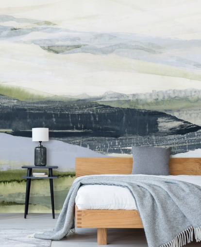 blauwe en groene abstracte muurschildering op maat genaamd After the Rain II van Lara Eckerman voor badkamers en slaapkamers