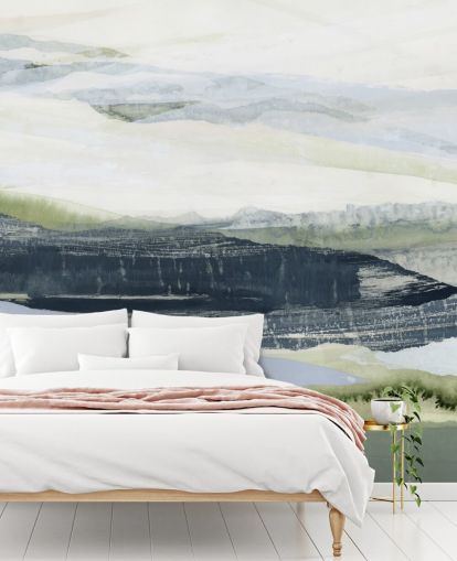 blå og grøn lavet til mål abstrakt vægmaleri kaldet After the Rain II af Lara Eckerman til badeværelser og soveværelser