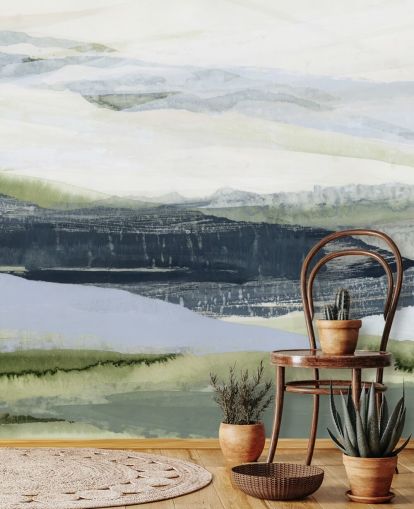 sininen ja vihreä Lara Eckermanin abstrakti seinämaalaus nimeltä After the Rain II kylpyhuoneisiin ja makuuhuoneisiin sininen ja vihreä Lara Eckermanin abstrakti seinämaalaus nimeltä After the Rain II kylpyhuoneisiin ja makuuhuoneisiin