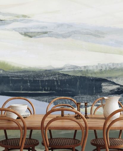 murale astratto su misura blu e verde chiamato After the Rain II di Lara Eckerman per bagni e camere da letto