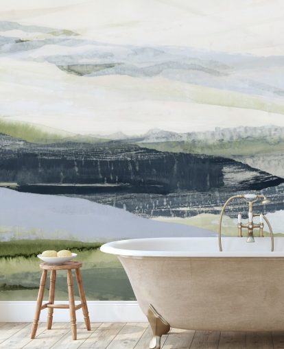 murale astratto su misura blu e verde chiamato After the Rain II di Lara Eckerman per bagni e camere da letto murale astratto su misura blu e verde chiamato After the Rain II di Lara Eckerman per bagni e camere da letto