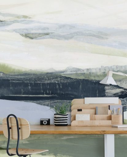 peinture murale abstraite sur mesure bleue et verte intitulée After the Rain II de Lara Eckerman pour les salles de bain et les chambres