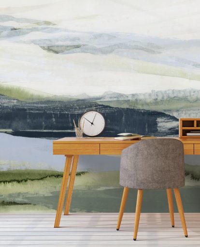 blau und grün, maßgeschneidertes abstraktes Wandbild namens After the Rain II von Lara Eckerman für Badezimmer und Schlafzimmer