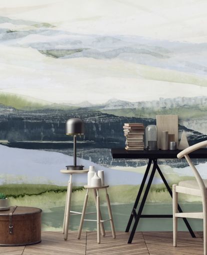 blue and green made to measure abstract mural called After the Rain II by Lara Eckerman for bathrooms and bedrooms