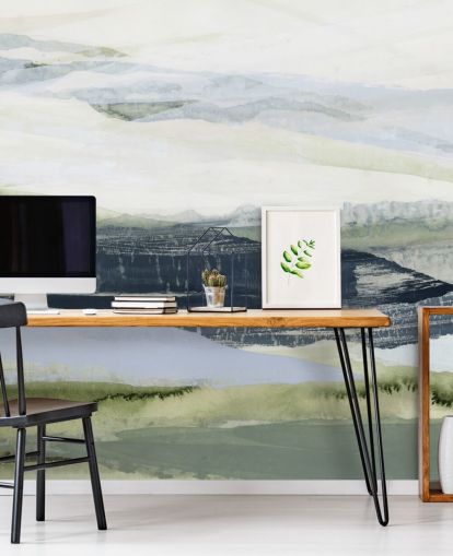 blue and green made to measure abstract mural called After the Rain II by Lara Eckerman for bathrooms and bedrooms