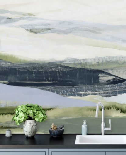 blauwe en groene abstracte muurschildering op maat genaamd After the Rain II van Lara Eckerman voor badkamers en slaapkamers blauwe en groene abstracte muurschildering op maat genaamd After the Rain II van Lara Eckerman voor badkamers en slaapkamers