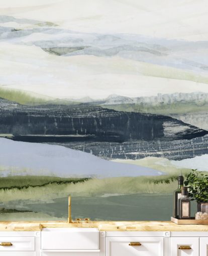 murale astratto su misura blu e verde chiamato After the Rain II di Lara Eckerman per bagni e camere da letto murale astratto su misura blu e verde chiamato After the Rain II di Lara Eckerman per bagni e camere da letto