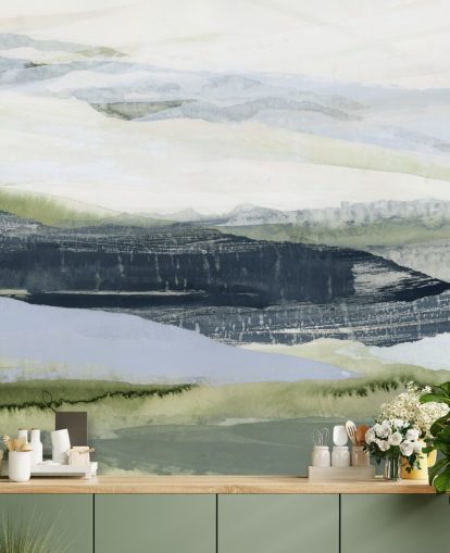 blå og grøn lavet til mål abstrakt vægmaleri kaldet After the Rain II af Lara Eckerman til badeværelser og soveværelser