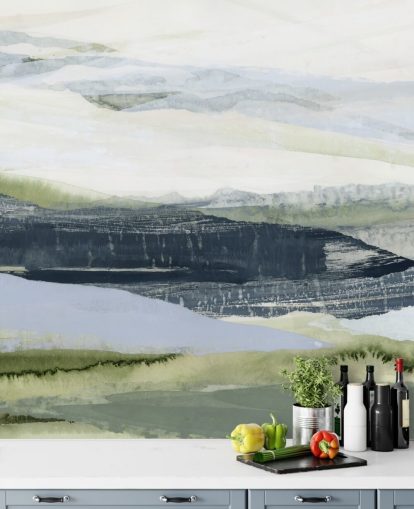 blå og grøn lavet til mål abstrakt vægmaleri kaldet After the Rain II af Lara Eckerman til badeværelser og soveværelser