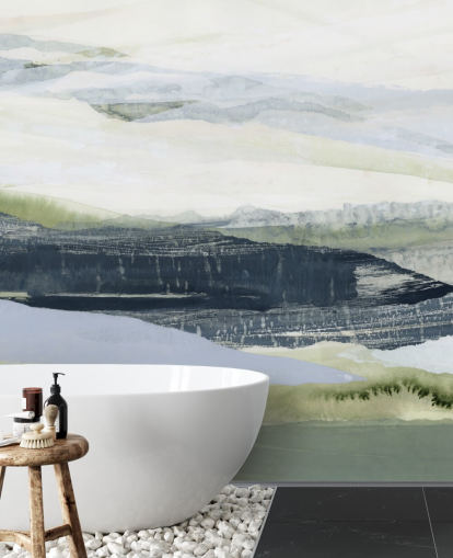 blå og grøn lavet til mål abstrakt vægmaleri kaldet After the Rain II af Lara Eckerman til badeværelser og soveværelser