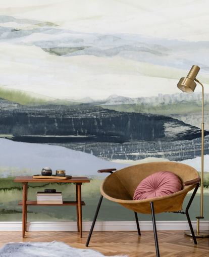 blå och grön gjord för att mäta abstrakt väggmålning som heter After the Rain II av Lara Eckerman för badrum och sovrum