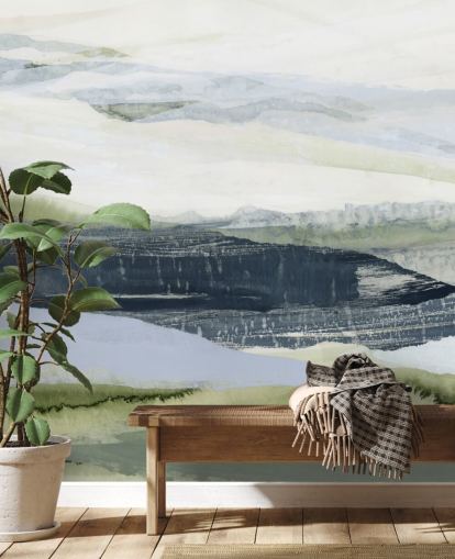 peinture murale abstraite sur mesure bleue et verte intitulée After the Rain II de Lara Eckerman pour les salles de bain et les chambres