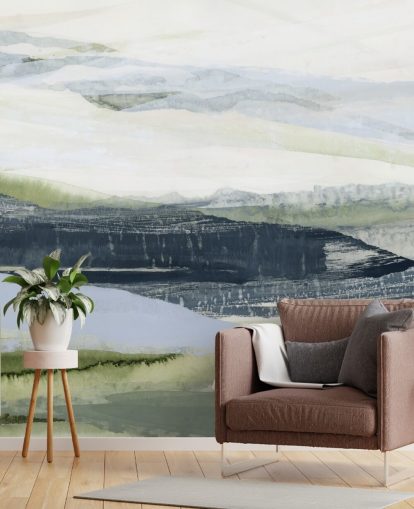 blau und grün, maßgeschneidertes abstraktes Wandbild namens After the Rain II von Lara Eckerman für Badezimmer und Schlafzimmer