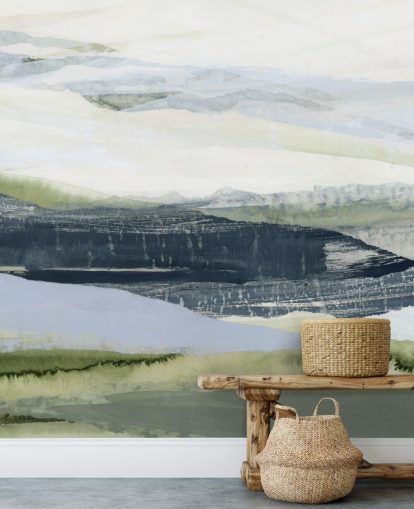 blå og grøn lavet til mål abstrakt vægmaleri kaldet After the Rain II af Lara Eckerman til badeværelser og soveværelser