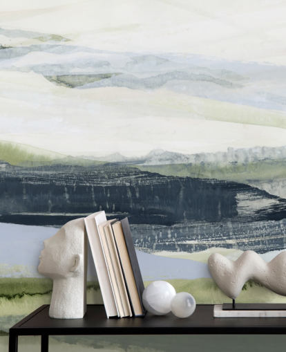 blauwe en groene abstracte muurschildering op maat genaamd After the Rain II van Lara Eckerman voor badkamers en slaapkamers blauwe en groene abstracte muurschildering op maat genaamd After the Rain II van Lara Eckerman voor badkamers en slaapkamers