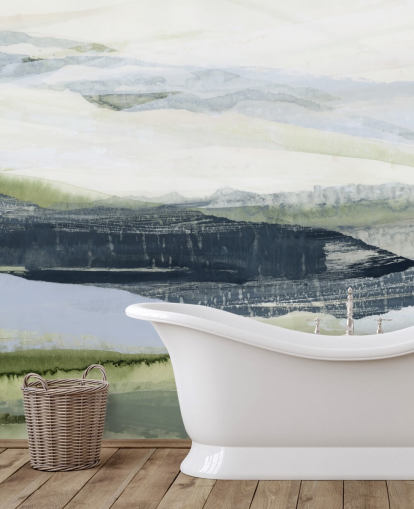 peinture murale abstraite sur mesure bleue et verte intitulée After the Rain II de Lara Eckerman pour les salles de bain et les chambres peinture murale abstraite sur mesure bleue et verte intitulée After the Rain II de Lara Eckerman pour les salles de bain et les chambres