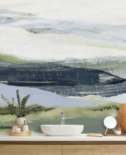 blå och grön gjord för att mäta abstrakt väggmålning som heter After the Rain II av Lara Eckerman för badrum och sovrum