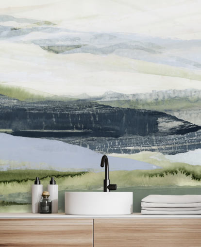 blue and green made to measure abstract mural called After the Rain II by Lara Eckerman for bathrooms and bedrooms