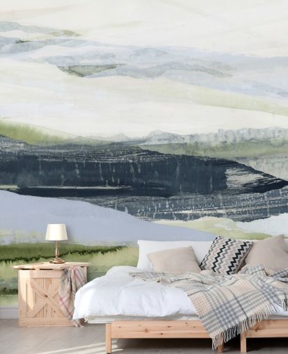 blå och grön gjord för att mäta abstrakt väggmålning som heter After the Rain II av Lara Eckerman för badrum och sovrum