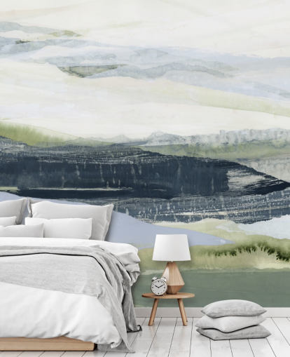 peinture murale abstraite sur mesure bleue et verte intitulée After the Rain II de Lara Eckerman pour les salles de bain et les chambres