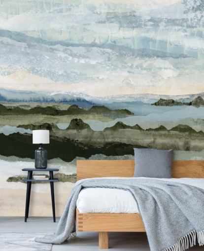 murale con paesaggio astratto personalizzato blu e verde chiamato Among the Hedges II di Lara Eckerman murale con paesaggio astratto personalizzato blu e verde chiamato Among the Hedges II di Lara Eckerman