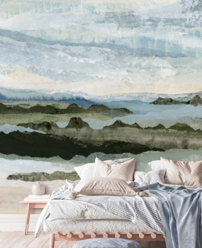 blue and green custom abstract landscape mural called Among the Hedges II by Lara Eckerman blue and green custom abstract landscape mural called Among the Hedges II by Lara Eckerman