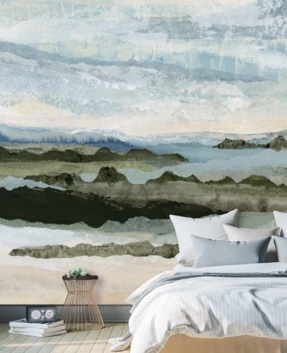 murale con paesaggio astratto personalizzato blu e verde chiamato Among the Hedges II di Lara Eckerman murale con paesaggio astratto personalizzato blu e verde chiamato Among the Hedges II di Lara Eckerman