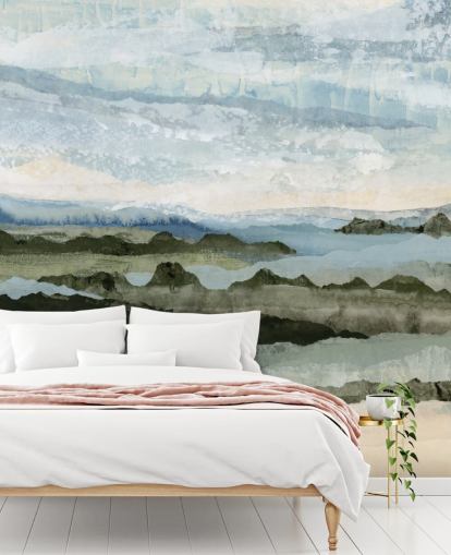 blue and green custom abstract landscape mural called Among the Hedges II by Lara Eckerman